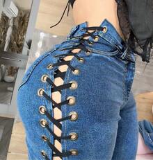 Eyelet Jeans Sexy Elegant Casual Denim Drawstring Ripped All - Blue - View 3