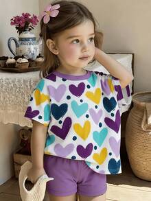 2pcs/Set Infant Girls' 0-3 Years Old Colorful Heart Print Top + Solid Color Shorts, Casual & Simple, Suitable For Daily Wear In Summer - Purple - View 1
