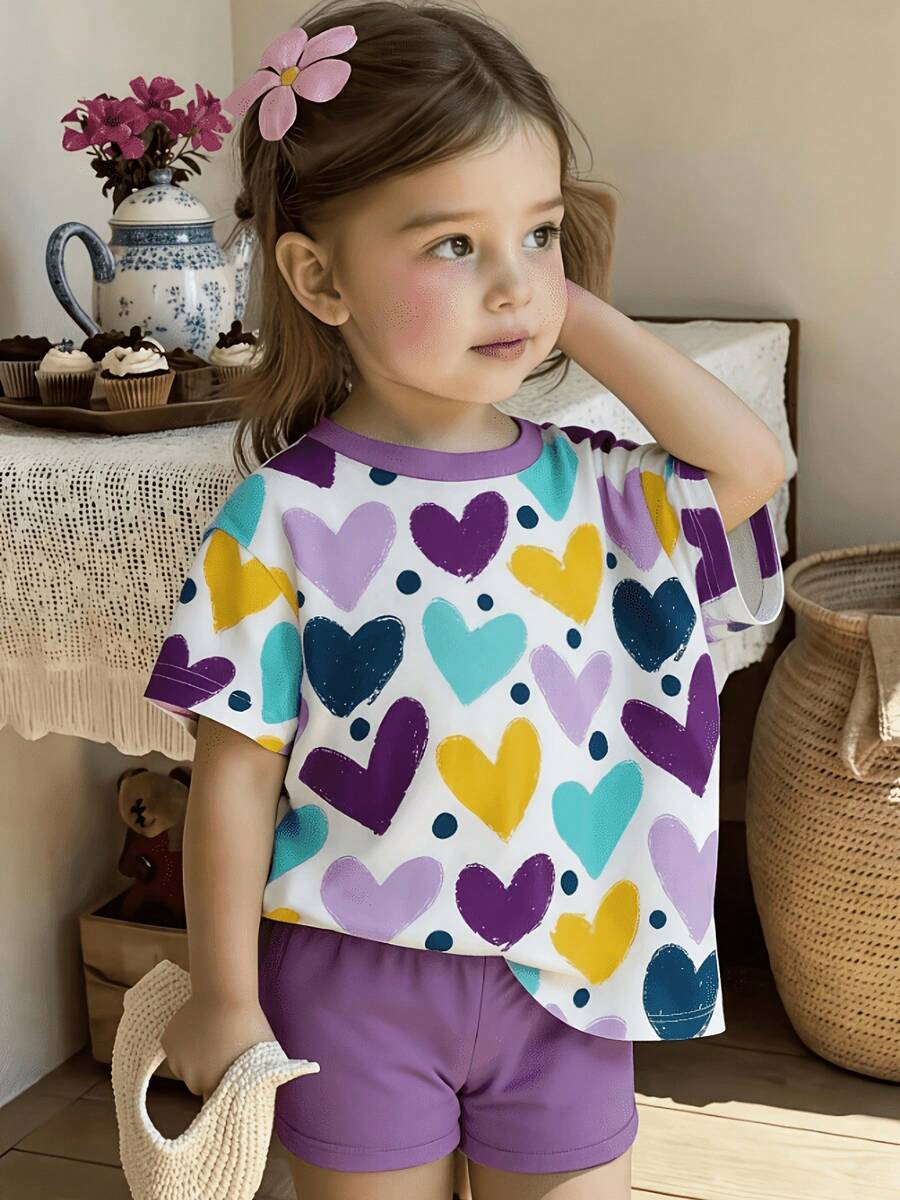 2pcs/Set Infant Girls' 0-3 Years Old Colorful Heart Print Top + Solid Color Shorts, Casual & Simple, Suitable For Daily Wear In Summer - Purple - View 1