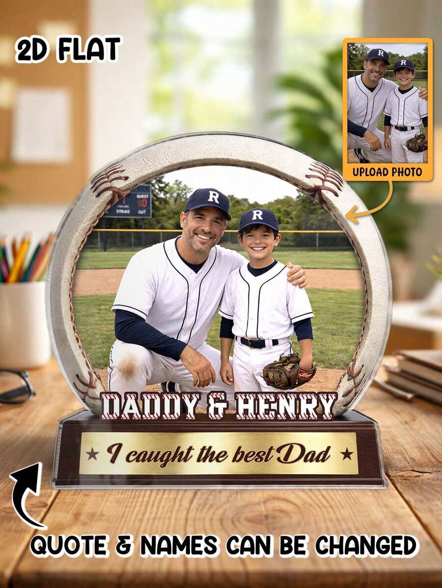 1件個性化「Best Dad」壓克力牌，可上傳家庭照片，可自訂文字與姓名，2D平面桌上飾牌，感人父親節禮物 - 彩色 - 查看 1