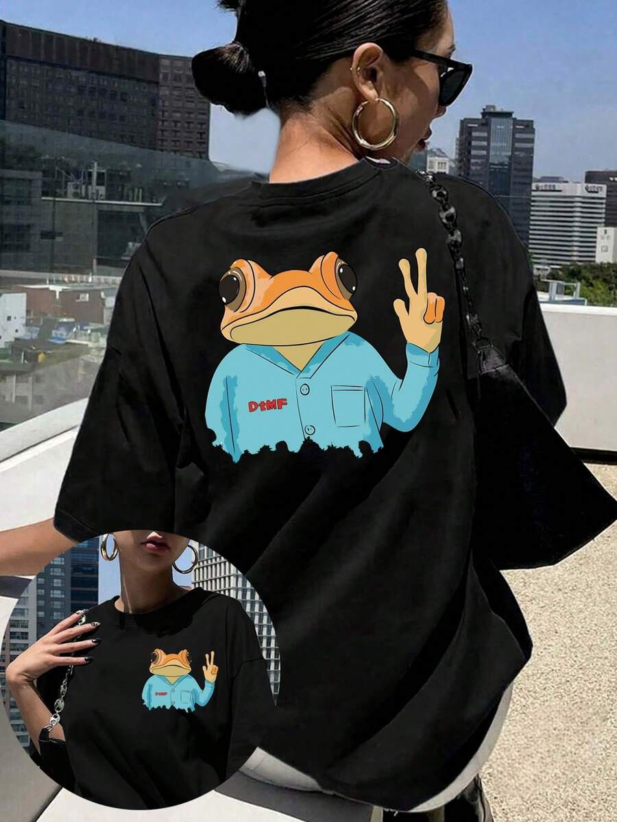 Vintage Frog Peace Sign Print T-Shirt, Front Back Graphic, Round Neck Short Sleeve, Comfortable Breathable Casual Top, Spring - 黑色 - 查看 1