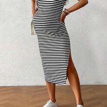 Vestido casual de maternidad de cuello redondo, manga corta, con rayas y bajo dividido, para verano - Negro01 - Ver 5