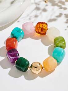 Chunky Colorful Resin Beaded Bracelet Marble Texture Faux Stone Stretch Bangle Stackable Dopamine Summer Vacation Jewelry - Multicolor - View 8