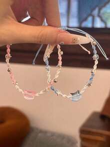 2pcs Ins Style Woven Hand Rope Pink & Blue Cat Pendant Bracelet, Gift For Couples And Besties - Light Pinkish Blue - View 2