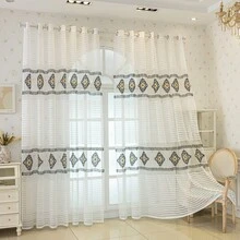 1pc White Striped Geometric Embroidered Eyelet Sheer Curtain, Modern Polyester Semi-Transparent Light-Filtering Window Curtain Suitable For Living Room Bedroom All Seasons - Multicolor - View 1
