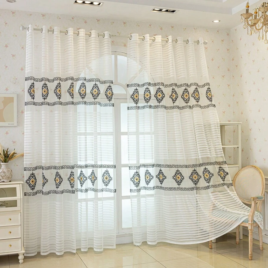 1pc White Striped Geometric Embroidered Eyelet Sheer Curtain, Modern Polyester Semi-Transparent Light-Filtering Window Curtain Suitable For Living Room Bedroom All Seasons - Multicolor - View 1