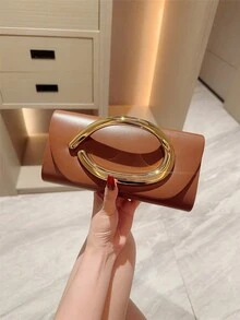 1pc European And American Fashion Metal Decor Mini Box Clutch, Premium Shiny Metal Strip Handle Women's Handbag, Elegant Luxury Evening Bag For Formal Dress, Design Leather Party Bag/Romantic Wedding Clutch/Prom Bag/Cocktail Bag, Suitable For School Prom, With Metal Chain - Coffee - View 4