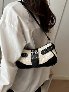 1pc Women's Versatile Straw Woven Underarm Bag Summer Fashion Backpack Shoulder Crossbody Bag - Black - View 3