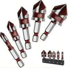 5PCS Countersink Drill Bit Set, 82 Degree Carbon Steel Quenching Counter Sink Drill Bits For Wood, Metal, Plastic, 1/4"-3/4" With 1/4" Hex Shank Countersink Bit Set - 5pcs Red Five-blade Beveling Tool - View 9