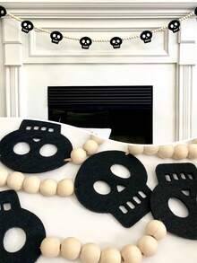 Halloween Skull Wooden Bead String, Banner With Skull, Halloween Hanging Skull Banner Ornament, Spooky Party Decoration, Halloween Fireplace Hanging Decoration, Perfect For Home Decor And Holiday Party Decorations - Multicolor - View 1