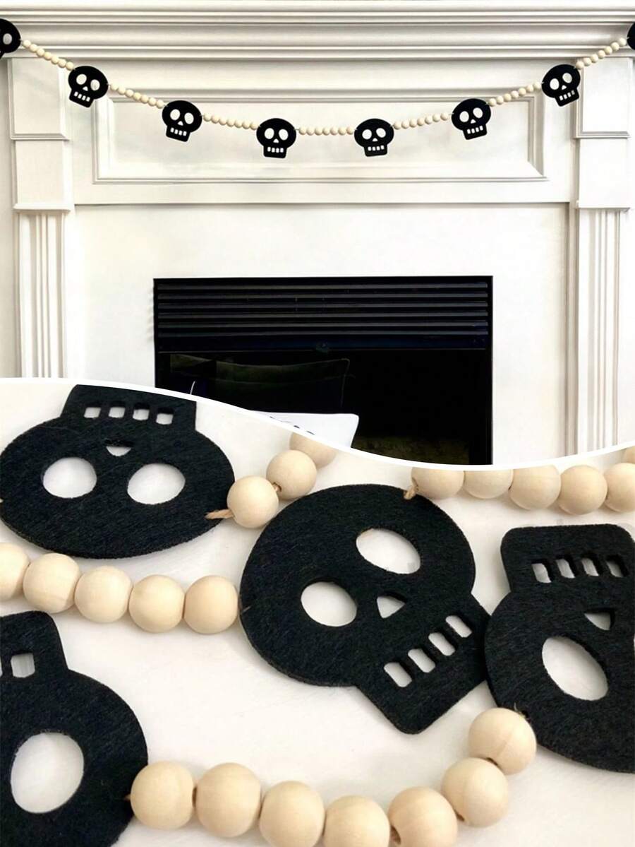 Halloween Skull Wooden Bead String, Banner With Skull, Halloween Hanging Skull Banner Ornament, Spooky Party Decoration, Halloween Fireplace Hanging Decoration, Perfect For Home Decor And Holiday Party Decorations - Multicolor - View 1