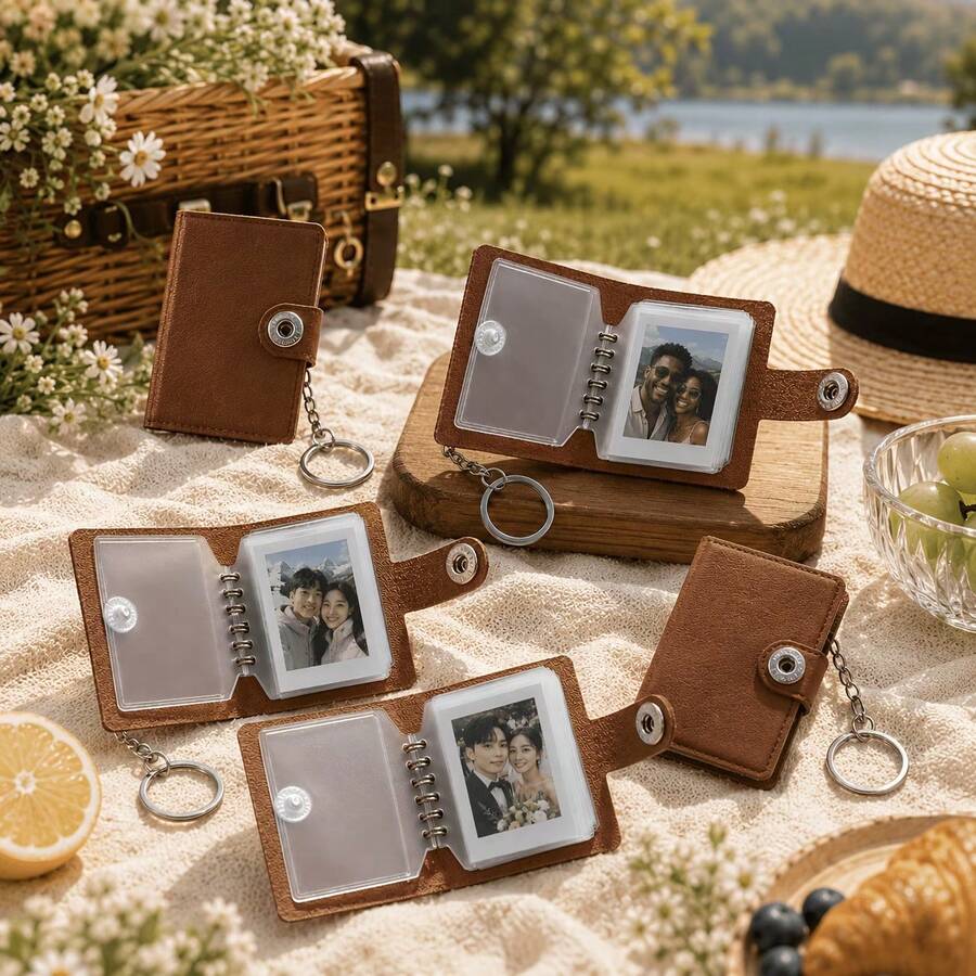 1pc Premium Leather Mini Photo Album Keychain, 2-Inch 20-Slot Small Photo Album, Portable Photo Card Holder Keychain, Cute Scrapbook Gift For Couples/Friends/Family, Valentine's Day, Birthday, Anniversary, Brown - A - View 1