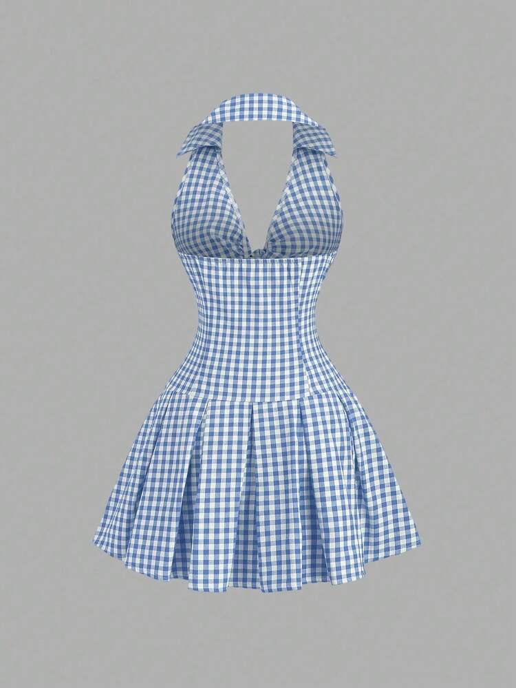 A-Line Pleated Mini Dress: Tie Waist, Sleeveless Halter, Open Back – Red/White Floral Print, French Retro Style - 白色 - 查看 1