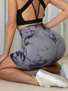 3 Pack High Waisted Tie Dye Workout Shorts For Women, Seamless Bum Scrunch Yoga Shorts Tummy Control Compression Shorts - 黑色灰色玫紅色 - 查看 9