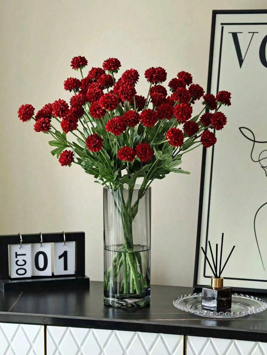 1 Bunch Artificial Carnation Bouquet, Single Chrysanthemum, Home Vase Decoration, Wedding Decoration, Outdoor Garden Decoration, Birthday Party Decoration, Photography Prop - Red - View 1