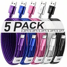 5pcs Fast Charging USB-A To Type-C Charging Cable, Suitable For Android Phones, Nylon Braided, Durable Phone Charging Cable, 1m Length, Compatible With IPhone, And Other Android Phones And Type-C Devices, Suitable For Travel Essentials/Car Accessories/Desktop Accessories, Pink/Purple - 1 Meter - View 2