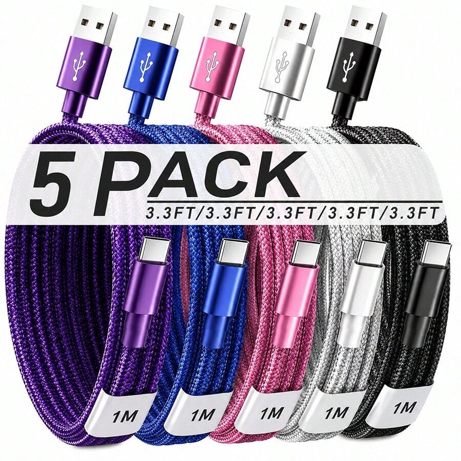 5pcs Fast Charging USB-A To Type-C Charging Cable, Suitable For Android Phones, Nylon Braided, Durable Phone Charging Cable, 1m Length, Compatible With IPhone, And Other Android Phones And Type-C Devices, Suitable For Travel Essentials/Car Accessories/Desktop Accessories, Pink/Purple