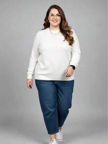 Vivi Women's Plus Size Knit Blouse For Cold Weather, Basic Long Sleeve, Autumn/Winter - 白色 - 查看 3