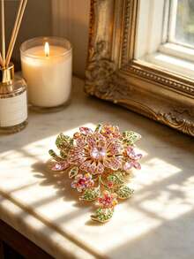 1pc Luxury Crystal Brooch, Flower And Tree Of Life Design, Fully Rhinestone, Vintage Court Elegant Style Women's Daily Outfit Decorative Brooch - Pink - View 5