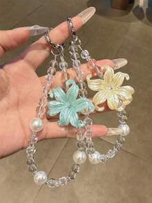 美學奢華百合花珍珠手機掛繩，極簡透明珠飾掛繩手鍊，通用女性配件禮物 - 黃色 - 查看 4