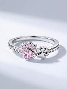 1pc 925 Sterling Silver Cute Sweet Claw-Shaped Pink Crystal Ring, Suitable For Daily Wear Or Parties, A Beautiful Jewelry Gift Or Birthday Present - Pink Diamond Paw Ring - View 2
