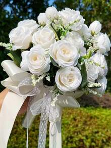 新娘婚禮花束、伴娘花束、人造象牙色花束、婚禮派對週年紀念晚餐桌中央裝飾、婚禮裝飾 - 彩色 - 查看 9