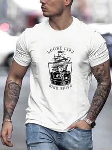 Camiseta de manga corta con cuello redondo para hombre, estilo casual de verano, estampada con las palabras Loose lips sink ship - mezcla de poliéster, ligeramente elástica, tejido de - Negro - Ver 8