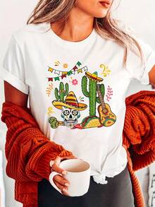 Minimalist. 100% Cotton. Women's 1pa T-Shirt With Cactus And Skull Print - Short Sleeves, Round Neck, Suitable For Spring And Summer, Bohemian Style, Casual Wear, Machine Washable, Regular Fit. Spring Summer Top. - 白色 - 查看 1