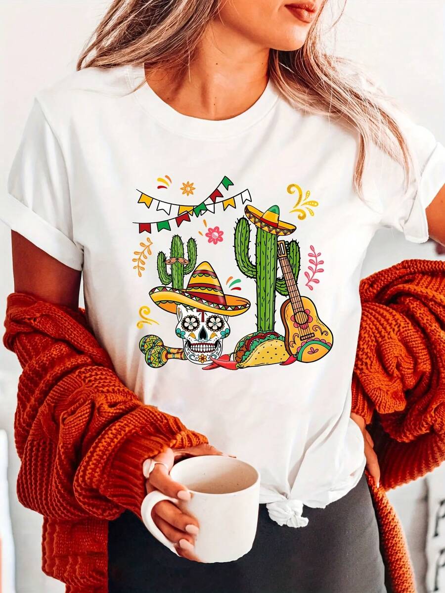 Minimalist. 100% Cotton. Women's 1pa T-Shirt With Cactus And Skull Print - Short Sleeves, Round Neck, Suitable For Spring And Summer, Bohemian Style, Casual Wear, Machine Washable, Regular Fit. Spring Summer Top. - 白色 - 查看 1