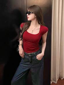 Y6Y Square Neck Short Sleeve Red T-Shirt Women's Summer High-End Fitted Cropped Slim Knit Top - Red - View 6