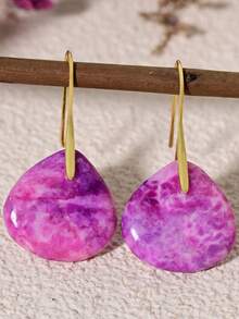 1 paire de boucles d'oreilles élégantes en pierre naturelle en forme de larme, pendentif macaron violet à la mode, bijoux plaqués or 18K, accessoires pour vacances & rendez-vous - Prune - View 6