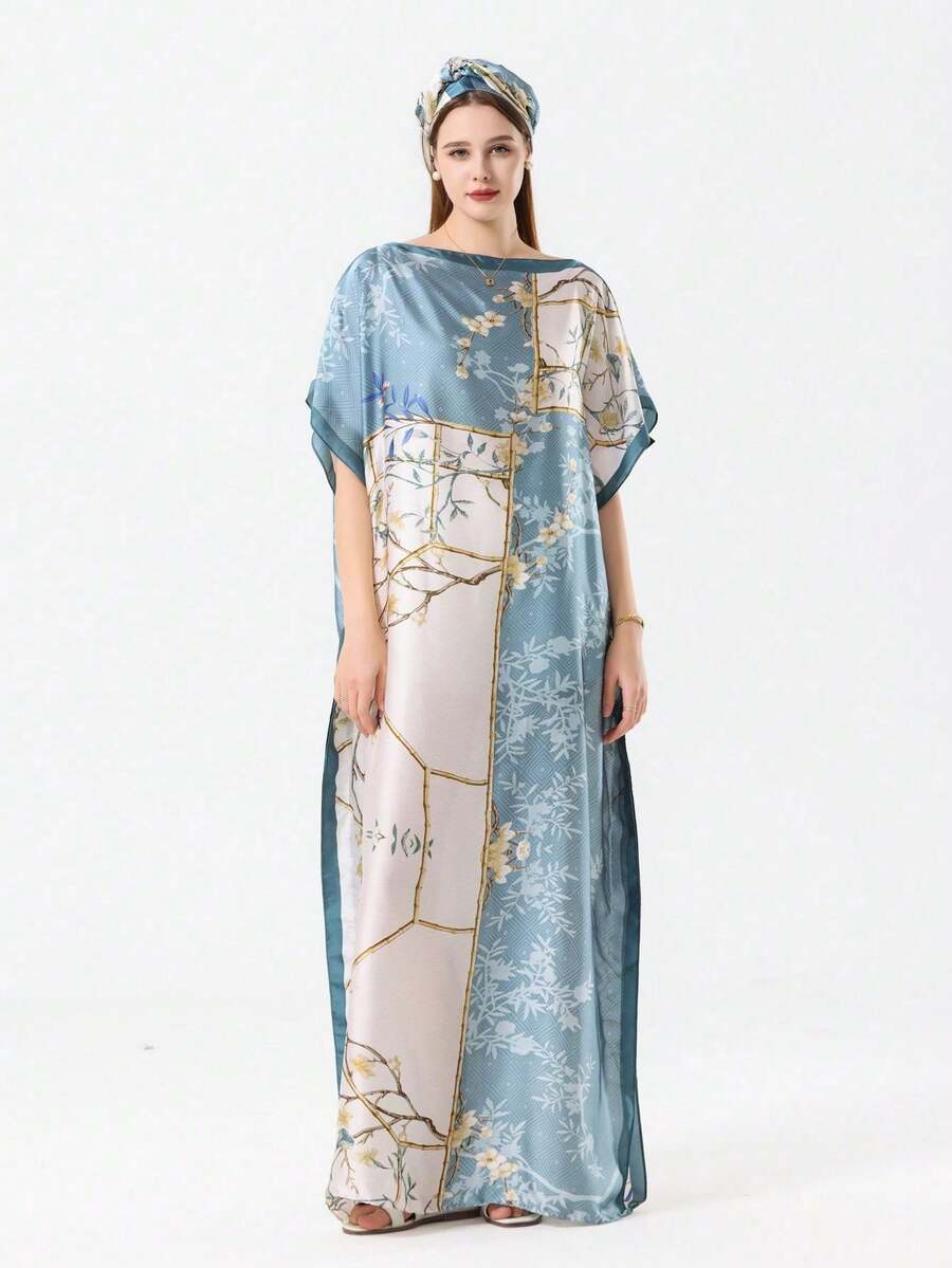 2件組(1件披肩 + 1件小圍巾)女款輕量復古優雅條紋花卉印花仿絲綢套頭圍巾組,適合春夏海灘休閒度假,多功能防曬披肩 - 彩色 - 查看 1