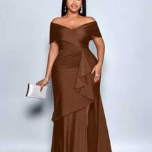 yonghongmaoyi1  Vestido azul marino elegante con hombros descubiertos y volantes en el bajo para mujer de talla grande, adecuado para fiestas de Navidad, vacaciones, citas y San Valentín, atuendos de club sexy, vestido maxi, vestido elegante para mujer, vestido de fiesta, vestido formal, vestido blanco, vestido de noche de lujo para mujer, vestido de invitada de boda, 2026, Año Nuevo - Café integral - Ver 1