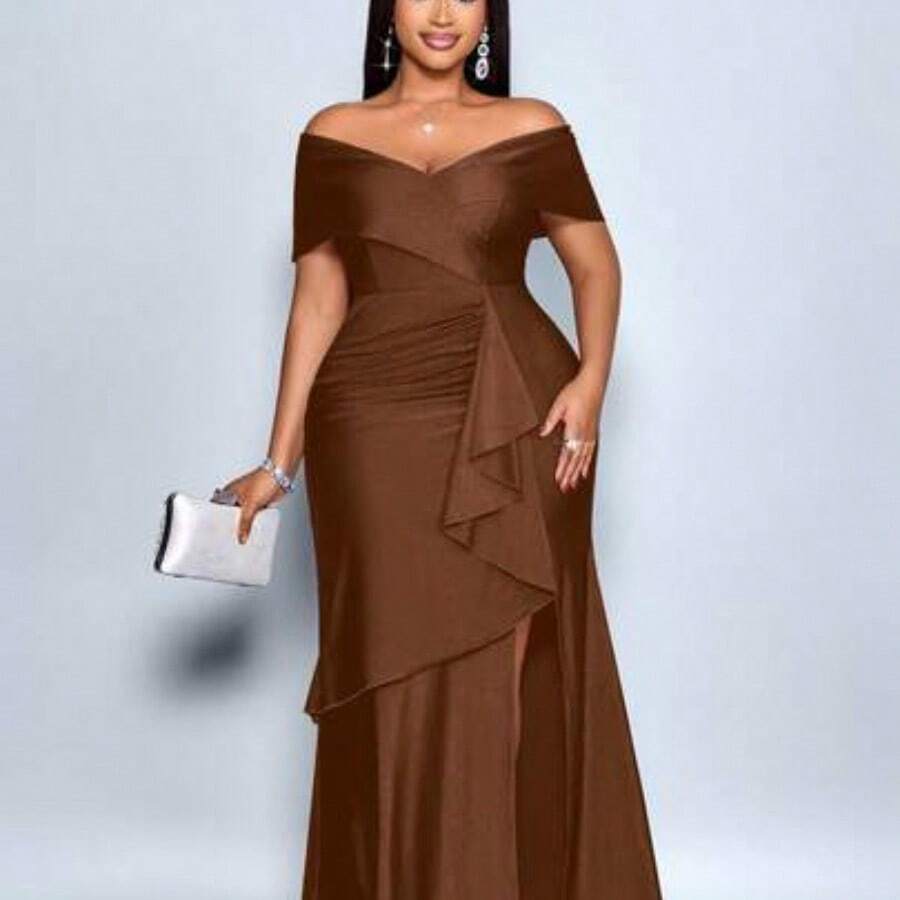 yonghongmaoyi1  Vestido azul marino elegante con hombros descubiertos y volantes en el bajo para mujer de talla grande, adecuado para fiestas de Navidad, vacaciones, citas y San Valentín, atuendos de club sexy, vestido maxi, vestido elegante para mujer, vestido de fiesta, vestido formal, vestido blanco, vestido de noche de lujo para mujer, vestido de invitada de boda, 2026, Año Nuevo - Café integral - Ver 1
