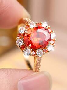 Vanel 1pc Luxurious 4-Prong Inlaid Super Shiny Round Pink Cubic Zirconia Decorative Ring, Suitable For Women's Daily Wear, Party & Date - Perfect Date Gift - Silver-red. - View 3