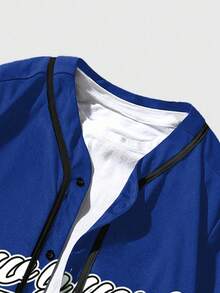 1 pièce Cardigan chemise style décontracté de rue, imprimé graphique vintage New York 23, imprimé numéro sur les manches, personnalisé pour l'été - Bleu azur - Voir 3