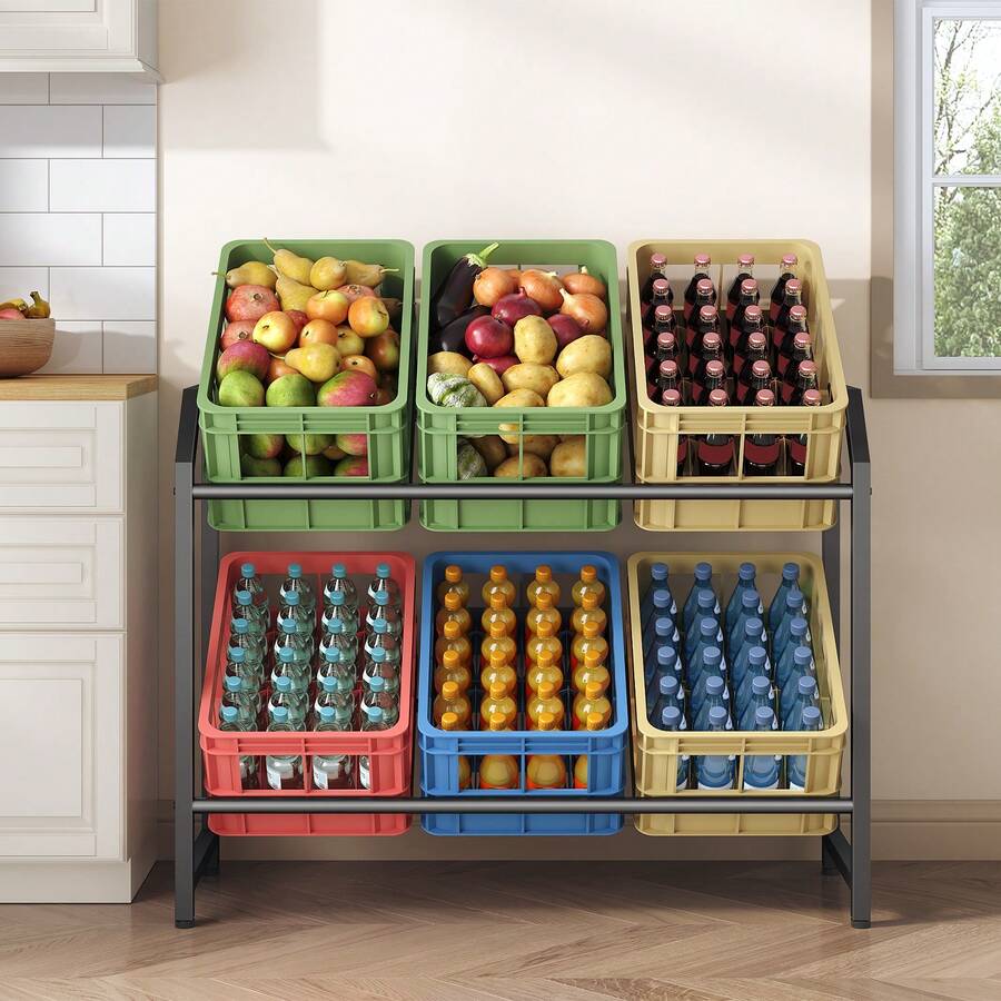 Beverage Crate Rack For 6 Beverage Crates, Metal Beverage Rack, Crate Rack With 2 Levels For Beer, Vegetables, 100 Kg Load Capacity Per Level, For Kitchen, Dining Room, Living Room, Black - 查看 1