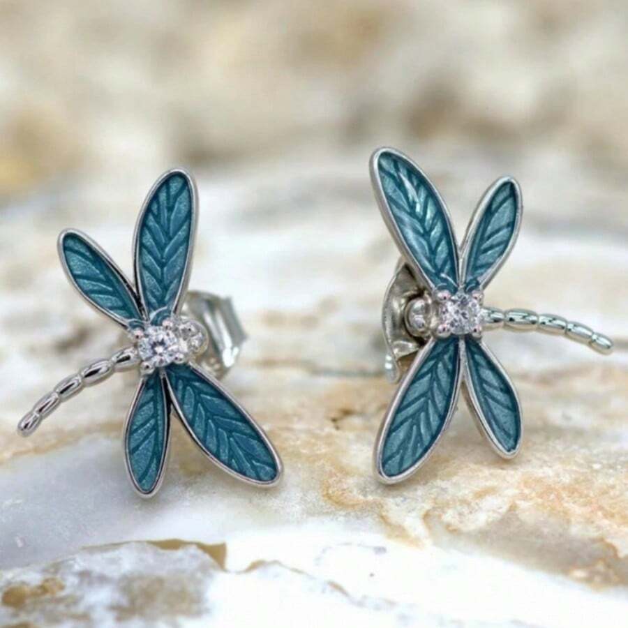 DIYCCPC Fresh Blue Enamel Dragonfly Stud Earrings, Suitable For Women's Daily Commute, Dating, Niche Atmosphere, Literary Style, Compact Earrings