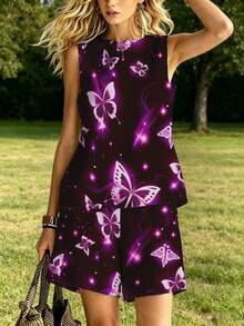Butterfly Print Women's Round Neck Vest And Shorts Set Purple Glow Pattern Soft And Comfortable Relaxed And Casual Summer Outfit For Women Gift For Her - 彩色 - 查看 4