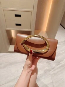 1pc European And American Fashion Metal Decor Mini Box Clutch, Premium Shiny Metal Strip Handle Women's Handbag, Elegant Luxury Evening Bag For Formal Dress, Design Leather Party Bag/Romantic Wedding Clutch/Prom Bag/Cocktail Bag, Suitable For School Prom, With Metal Chain - Coffee - View 2