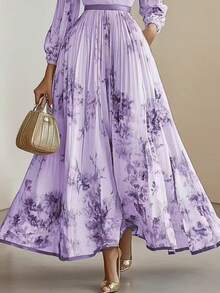 Large European-Style Printed Holiday Dress - 紫色 - 查看 3