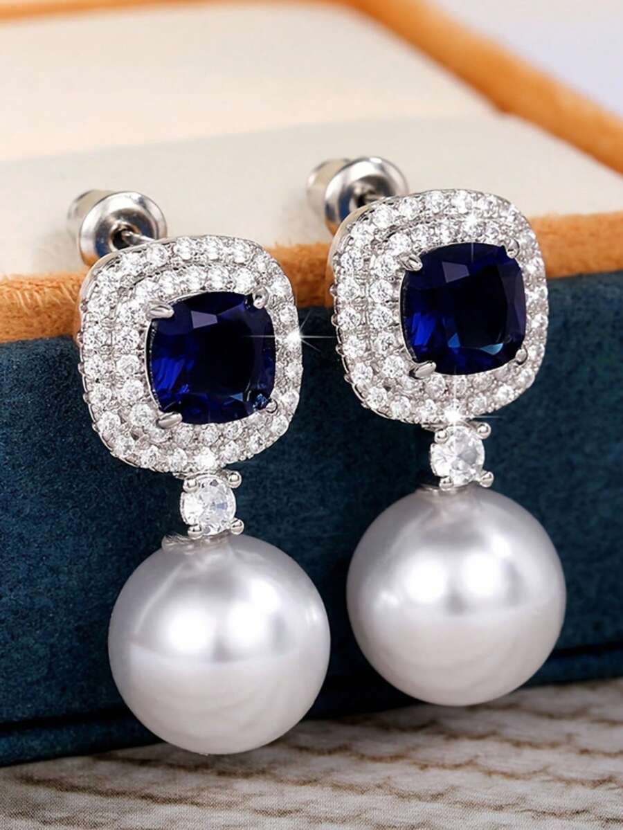 1 Pair Classic Cute Square Sugar Blue Exquisite Earrings, French Vintage Wedding Banquet Studs - Earrings - View 1