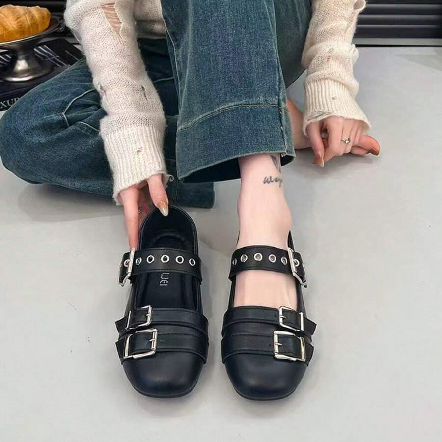 女款時尚復古雙扣芭蕾平底鞋 方頭軟皮革設計 日常通勤瑪麗珍鞋 - 黑色 - 查看 1