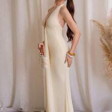 xuehuamaoyi02  Elegante vestido de cuello en V profundo amarillo crema sexy para mujer, primavera/verano - Café integral - Ver 4