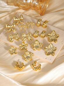 6-18pcs/Premium Vintage Textured Versatile Gold Earring Set - Gold - View 2