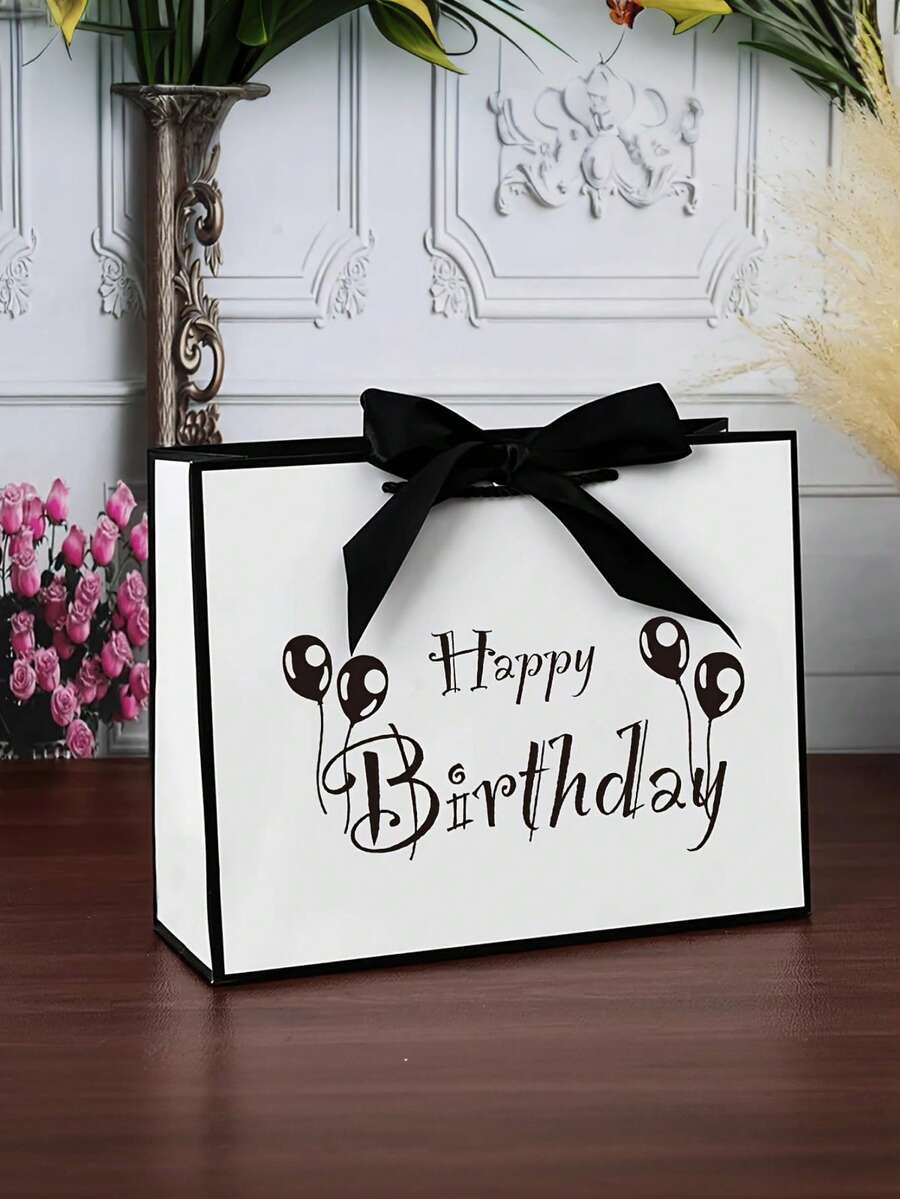 1件裝黑白時尚蝴蝶結生日禮品袋,大容量紙製禮品袋,生日禮物,適合派對伴手禮 - 彩色 - 查看 1