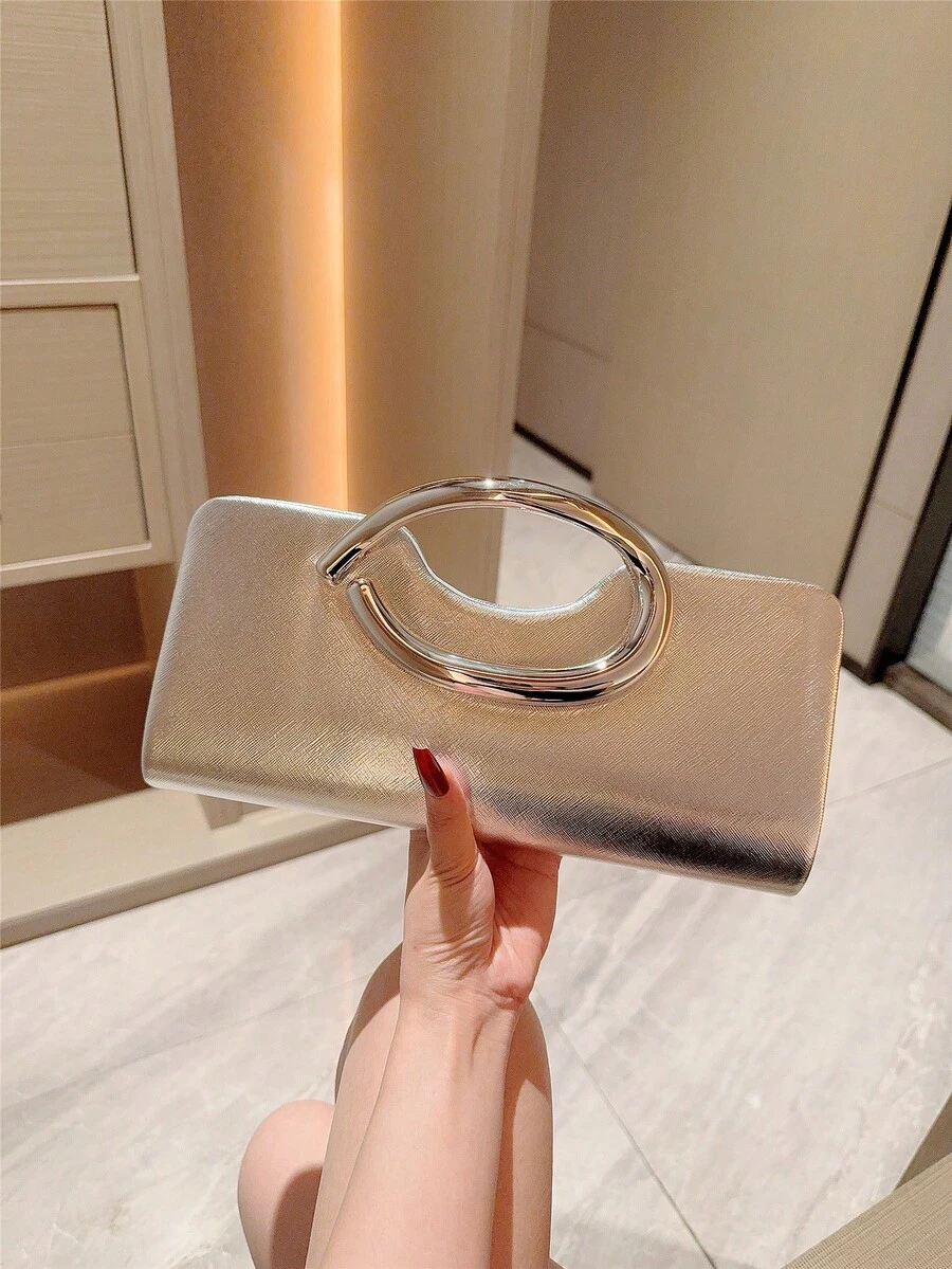 1件歐美時尚金屬裝飾迷你方盒手拿包，高端亮面金屬條手柄女款手提包，優雅奢華晚宴包，適合派對/浪漫婚禮/舞會/雞尾酒會/校園舞會，PU皮革配金屬鍊條