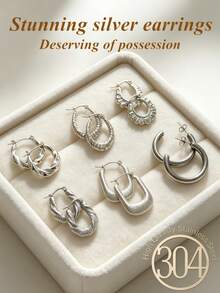 2/6/12pcs Silver Stainless Steel Earring Set, Suitable For Women, Exquisite Elegant Women's Stud Earrings - Fashion Minimalist Style Design, With Fashion Asymmetric Shape, Suitable For Daily Wear And Party Occasions. Silver Jewelry, Stainless Steel Earring Set, Summer Jewelry For Women - Stainless Steel Set - View 4