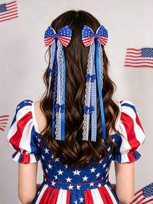 2pcs July 4th Independence Day Bow Hair Clips, White Blue Red American Flag Theme Hair Accessories, Star Stripe Plaid Hairpins, Cute Holiday Gift Party Summer Hair Accessories For Girls - Multicolor - View 2