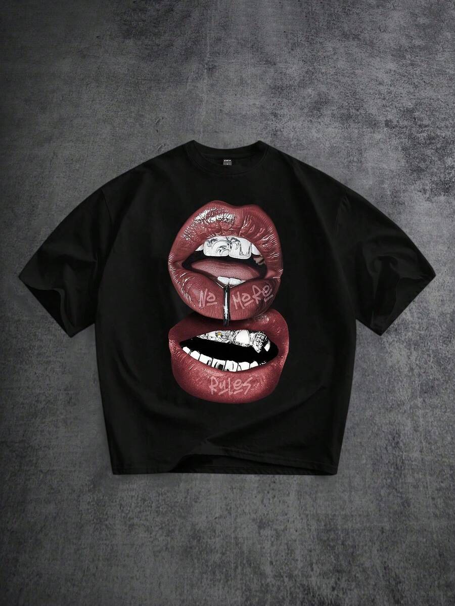 Manfinity Camiseta de manga corta con estampado de labios, dientes y diamante de imitación en color blanco, con efecto desgastado y rojo, adecuada para primavera/verano, regalo divertido para novio/uno mismo - Negro 2 - Ver 1